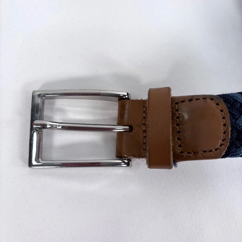 J.Crew Woven Belt Navy Blue Brown Leather Trim Silver Buckle Large